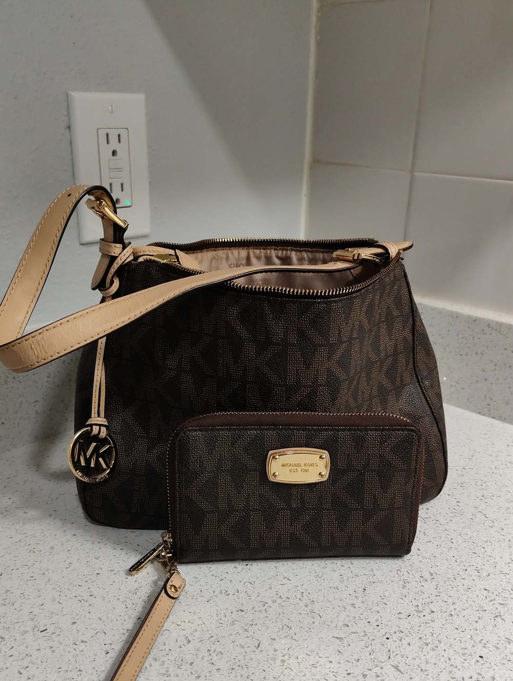Michael Kors Brown Logo Shoulder Bag with Beige Trim and Matching Wallet